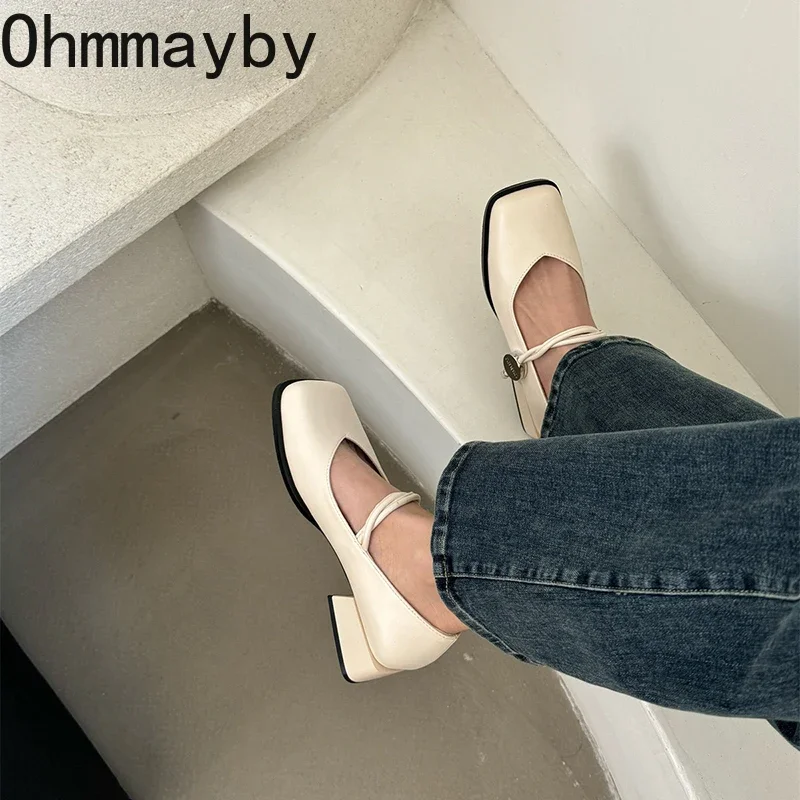 Retro Style Thick Heel Women Square Toe Mary Jane Shoes Fashion Shallow PU Leather Shoes Ladies Comfort Office Pumps