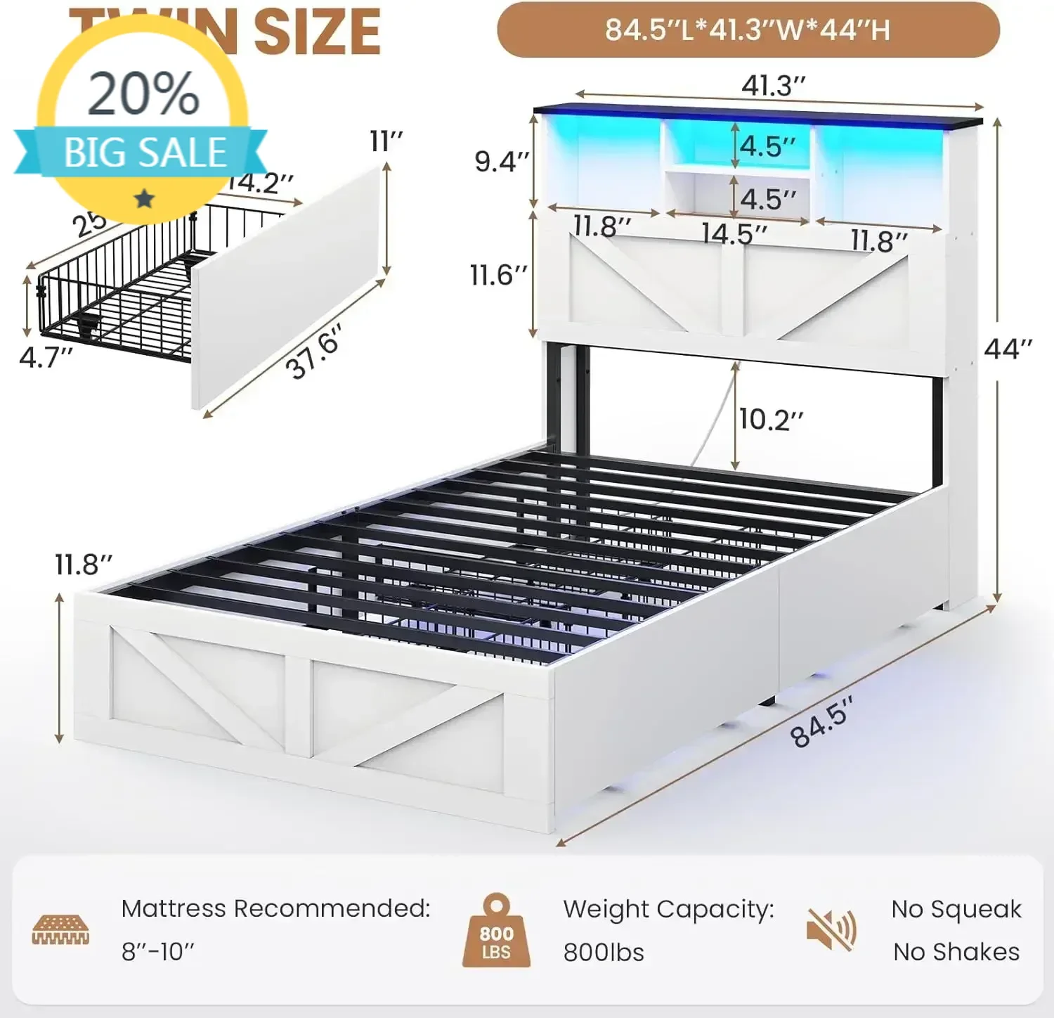 

Деревянная кровать-трансформер в стиле фермерского дома, размер Twin, с изголовьем-стеллажом для хранения, зарядной станцией и LED-подсветкой
