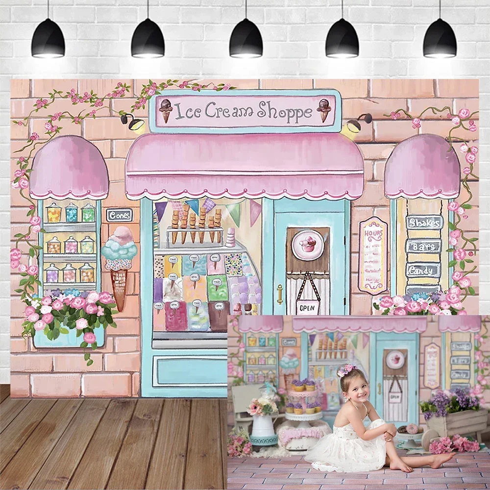 

Ice Cream Girl Party Candy Shop Pink Photography Background Wall Flower Cartoon Backdrop Newborn Baby Shower Birthday Photobooth