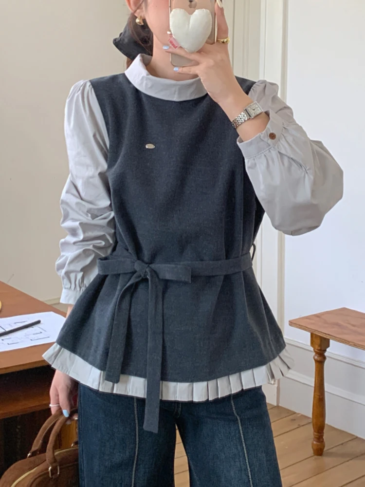 Dark Grey Bandage Blouse Women 2024 New Spring Autumn Slim Waist Casual Tops Shirts Female Office Ladies Patchwork Topss