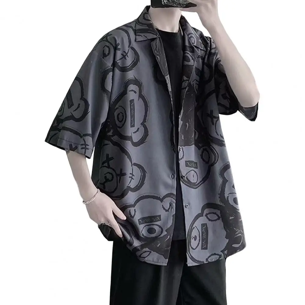 Men Turn-down Collar Shirt Stylish Men's Ice Silk Printed Shirt with Button-down Design for Summer Vacation Beach Getaways