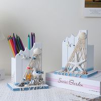 Mediterranean Style Wooden Pen Holder Large Capacity Handmade Pencil Storage Box Ocean Style Pen Container