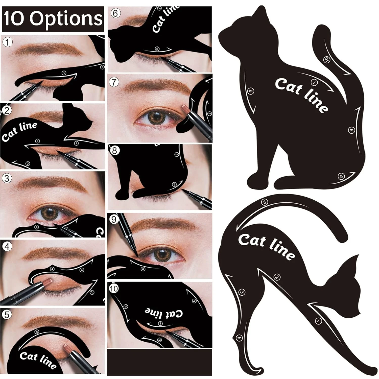 High Precision Eyeliner Stencils – 10 Unique Winged Cat Eye Looks – Versatile Smokey Eyebrow Pencil & Guide Stickers – Eas