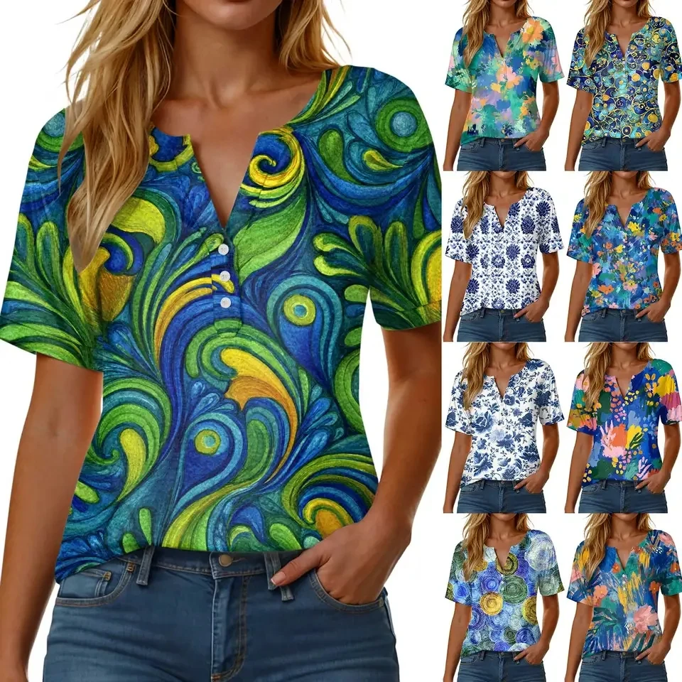 

Summer New Womens T-Shirt Fashion Printed Lady Tees Shirts V Neck Buttons Short Sleeve Tunic Tshirts Casual Holiday Beach Tops
