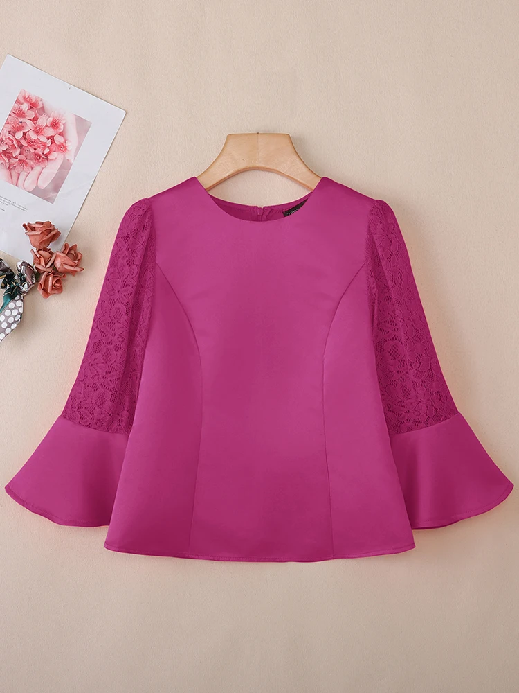 ZANZEA Donne alla moda Patchwork in pizzo Top Camicia da lavoro con maniche svasate Raso Slim Fit Blusas Tunica Femme Elegante camicetta da ufficio