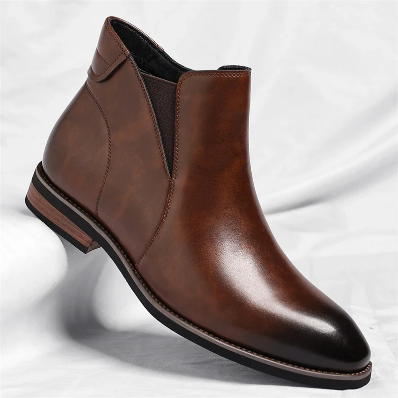 Mens Brown Gradient Leather Chelsea Ankle Boots Side Zipper Elastic Panel Block Heel Formal Business Office Work Daily Wear Boot