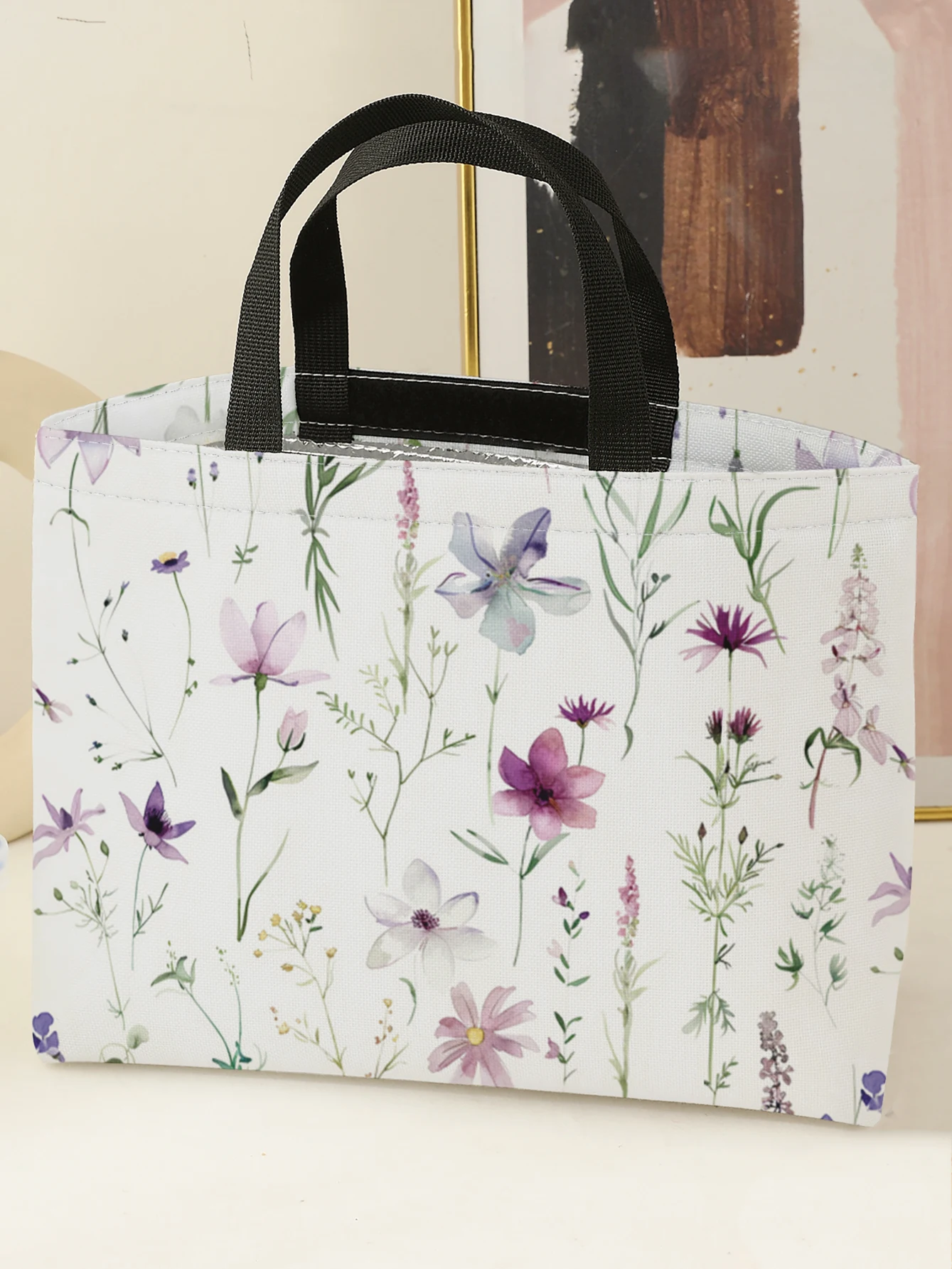 Watercolor Purple Floral Insulated Lunch Tote Aluminum Foil Liner Reusable Student Cooler Bag