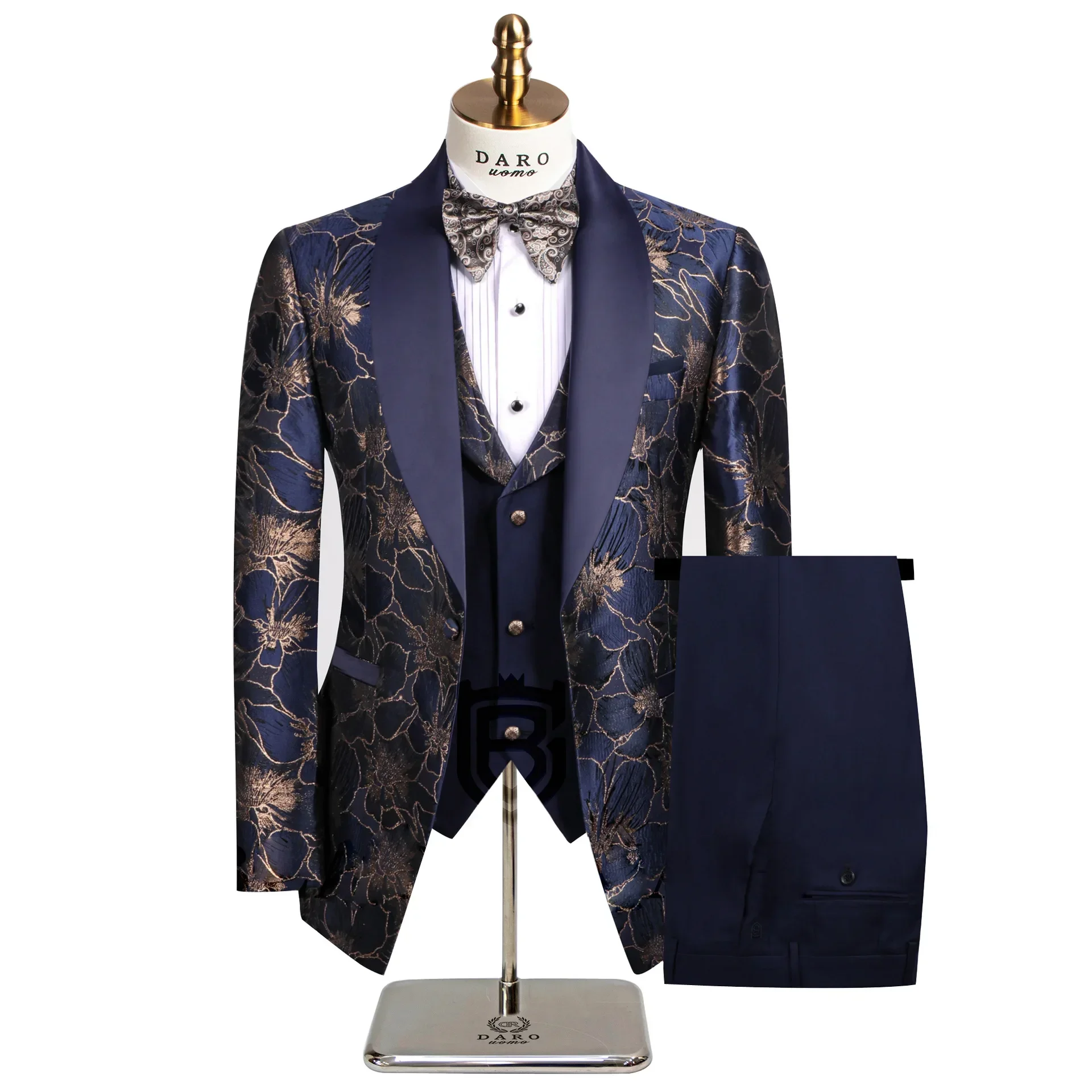 Costumes de smoking jacquard floraux pour hommes, coupe couvertes, veste de gentleman bleu marine et or avec glaçage, costume masculin 3 pièces,