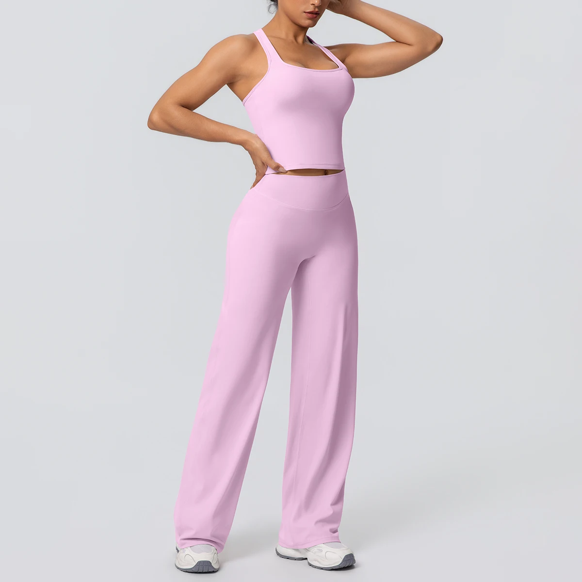 2Pieces Women Gym Clothing Yoga Set Solid Color Beautiful Back I-shaped Vest Workout Top Running Cycling Wide Leg Pants Yoga Set