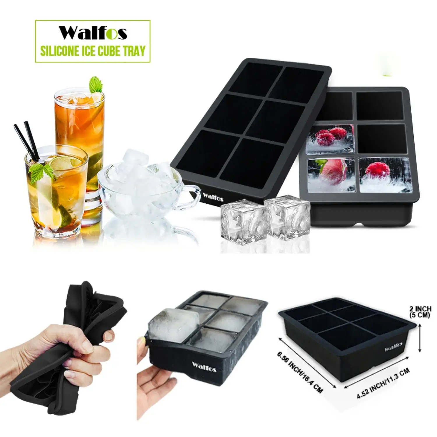 WALFOS Big Ice Cube Tray Food Grade Silicone Mold Ice Cube Maker Mould Ice Mold For Cocktail Whiskey Cooling Kitchen Accessories