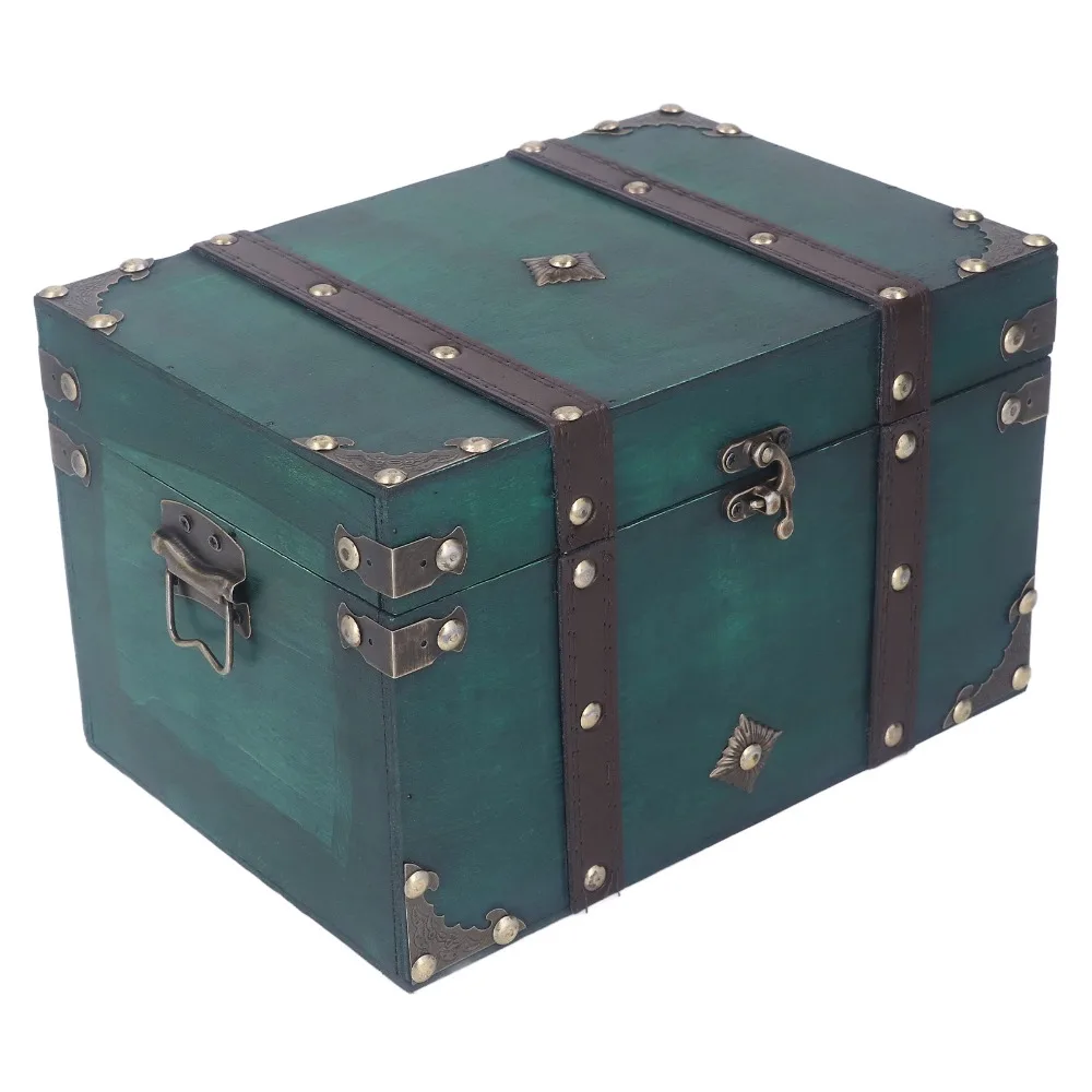 Wood Treasure Chest Storage Box Hinged Lid Metal Clasp Antique Storage Trunk Large Decorative Storage Box For Movie Props