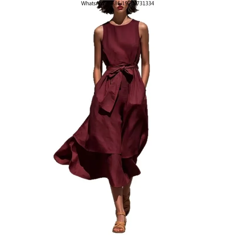 Women Solid Sleeveless Long Dress Round Neck Lace-up Waist Irregular Hem Pocket Loose Summer Party Dress