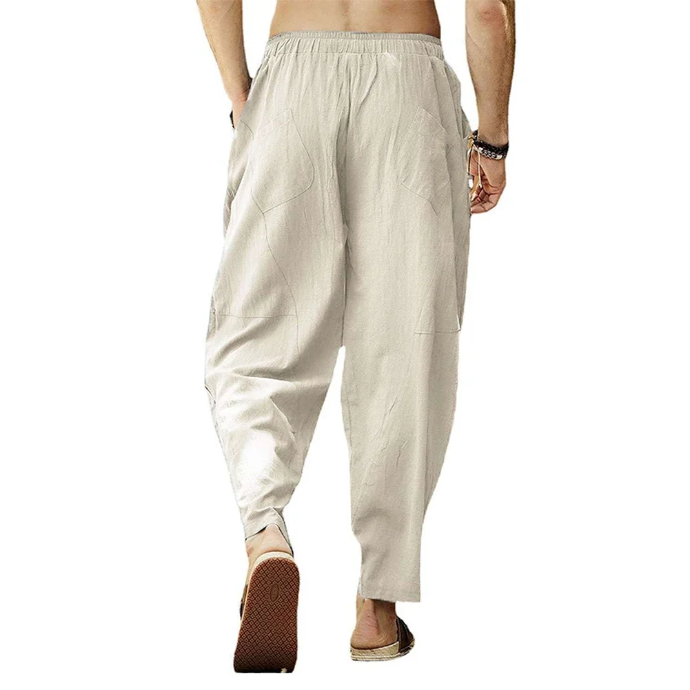 

Autumn Men's Cotton Linen Pants Joggers Solid Casual Drawstring Elastic Waist Loose Yoga Harem Trousers Sports Pants