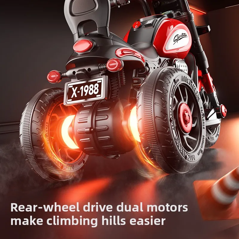 دراجة نارية كهربائية للأطفال بثلاث عجلات، لعبة سيارة قابلة لإعادة الشحن، أضواء موسيقية، محرك مزدوج، مقعد ثابت ومسند الظهر