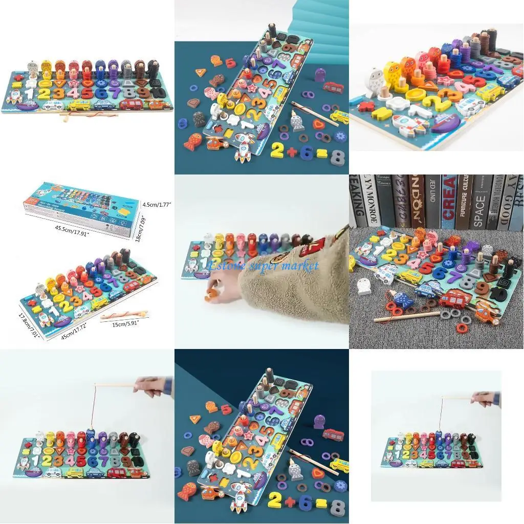 

090B 6 in 1 Kids Early Educational Numbers for Cars Fishing Toy Set Kids Counting Wooden Board Toy