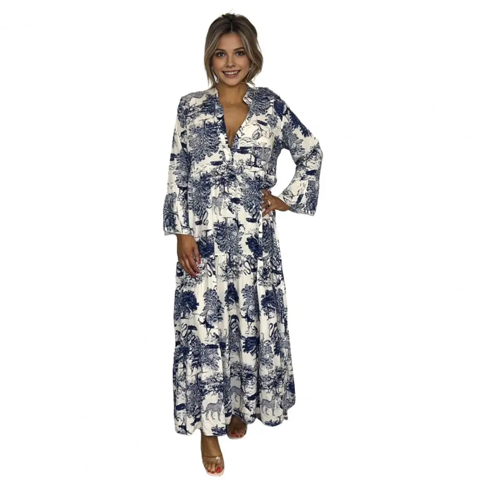 

Ankle-length Dress Loose Fit Dress Elegant Floral Print Maxi Dress for Women V Neck Long Sleeve A-line Hem Patchwork for Office