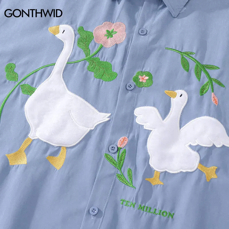 Harajuku Men Shirts Funny Embroidery Flower White Duck Goose Patch Short Sleeve Blouse Summer Loose Button Up Shirt Streetwear