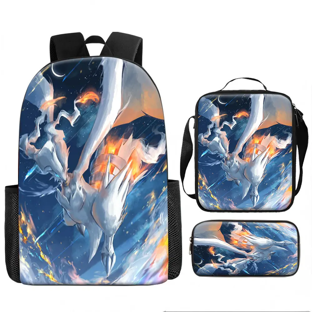 Bolsa para niños, Anime Pokemon, juego de mochilas de 3 piezas, monstruos clásicos, Reshiram, dragón blanco, estampado de fuego celeste legendario, impermeable, para estudiantes