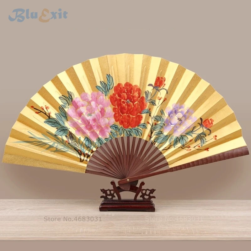 2 Sides Chinese Painting Fans Bamboo Frame Traditional Flowers Ancient Arts Peony Plum Blossoms Opera Golden Paper Folding Fan