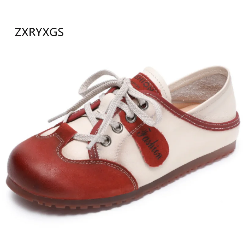 ZXRYXGS 2026 New Top Soft Cowhide Mixed Color Full Real Leather Sneakers Fashion Casual Shoes Flat Soft Sole Women Trendy Shoes