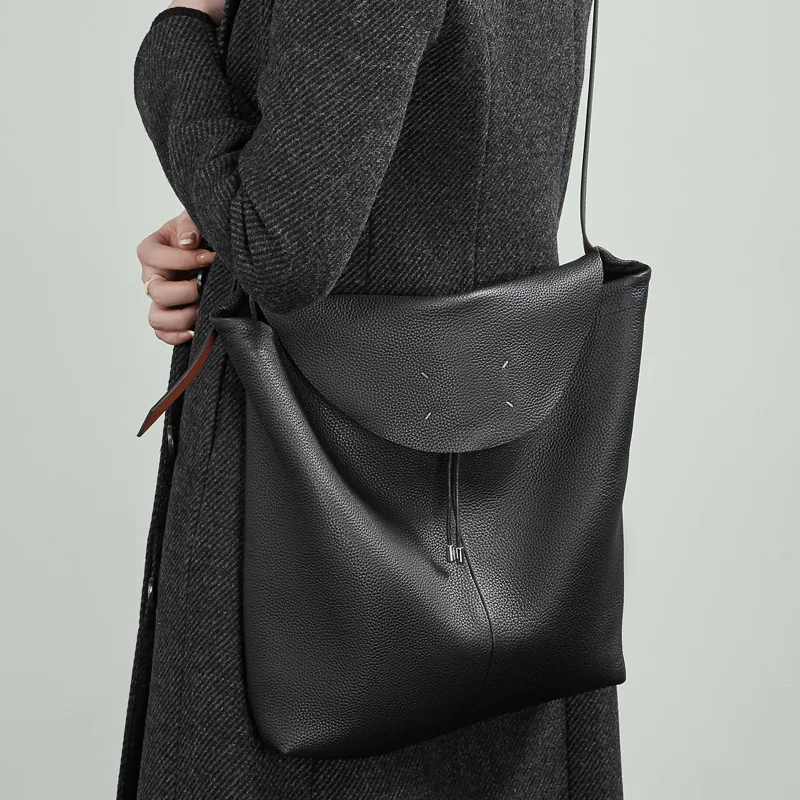 Top Layer Cowhide Leather Tote Bag Hobo Underarm Bucket Bag Simple Fashion Single Shoulder Crossbody Bag Women Winter 2025 New