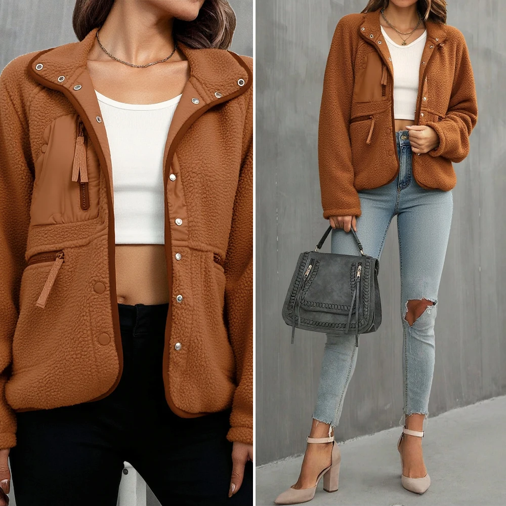 

Зимняя теплая флисовая куртка Тедди, женская лоскутная куртка с воротником-стойкой из овечьей шерсти, повседневная верхняя одежда больших размеров на молнии из шерпа