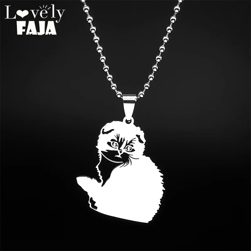 Lovely Fashion Animal Cat Car Pendant for Women Men Hollow Stainless Steel Black Scottish Fold Pet Kitten Jewelry Gift