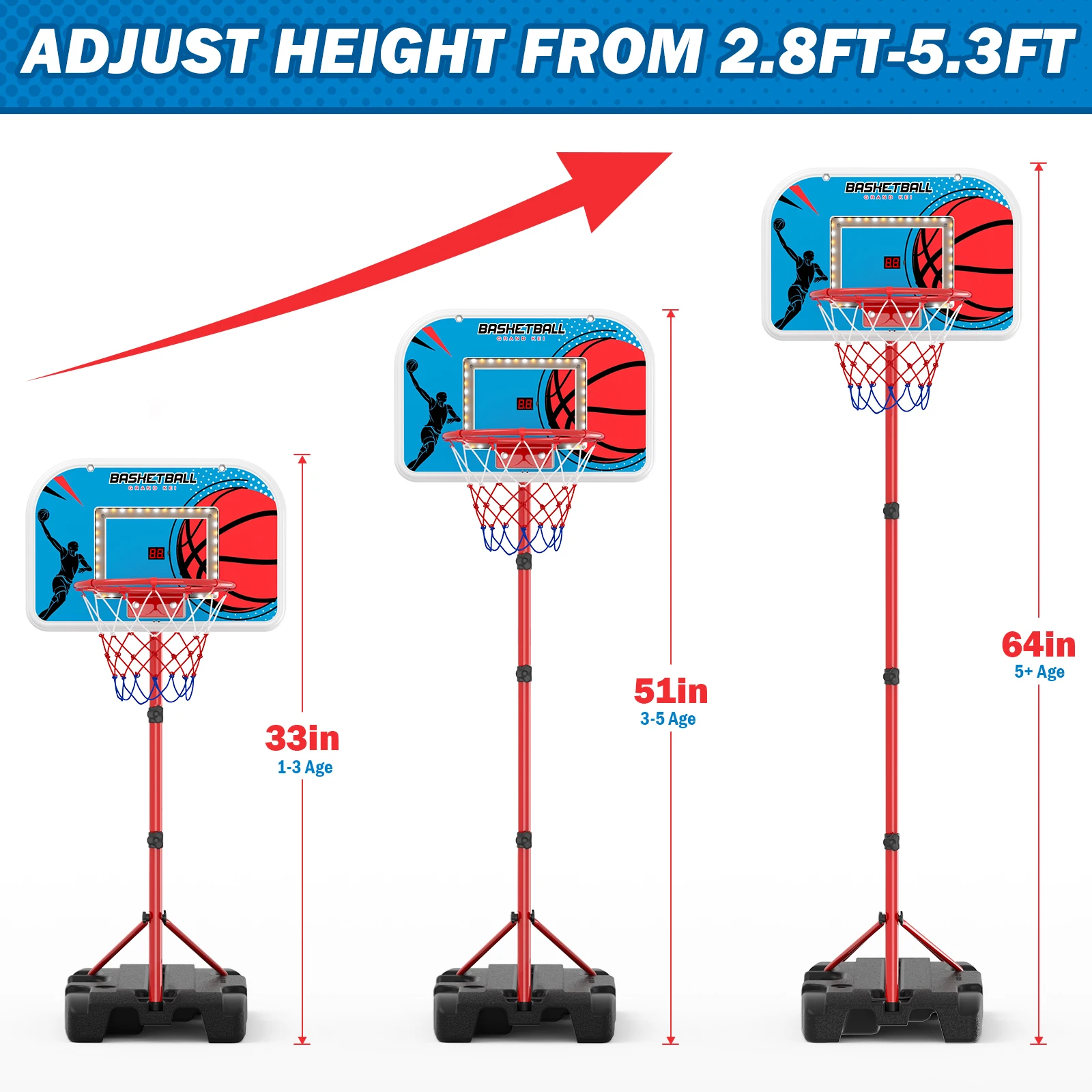 Kids Basketball Hoop Indoor with Scoreboard & LED, Toddler Basketball Hoop Outdoor, Adjustable Height Basketball Toys for Kids