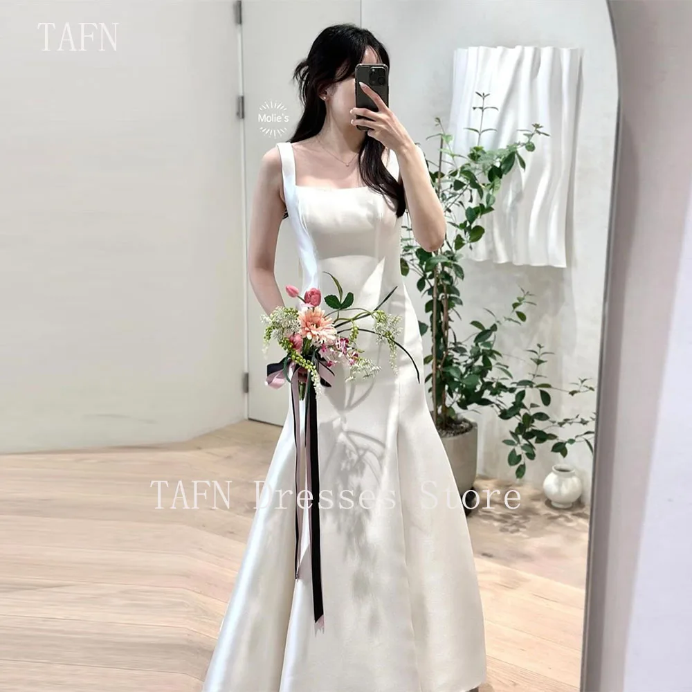 

TAFN White Satin Wedding Dresses Square Collar Sleeveless A-line Korea Photo Shoot Dresses Custom Made Mermaid Bridal Gown