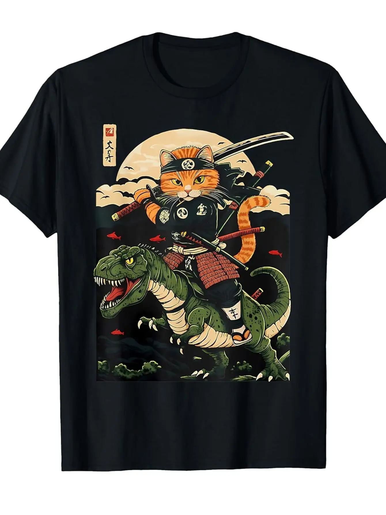 Satsuma cat riding dinosaur Japanese ukiyo-e cat T-shirt with vivid print daily comfort, Japanese ukiyo-e cat T-shirt for men