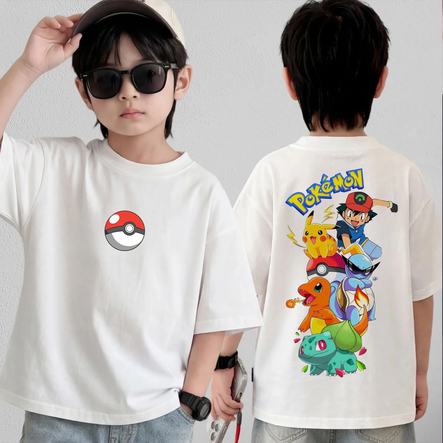 

Summer Anime Pokémon Cosplay T-Shirt Cotton Short Sleeve Tops Casual Loose Retro T-Shirt Men Women Kids Family Matching Outfits