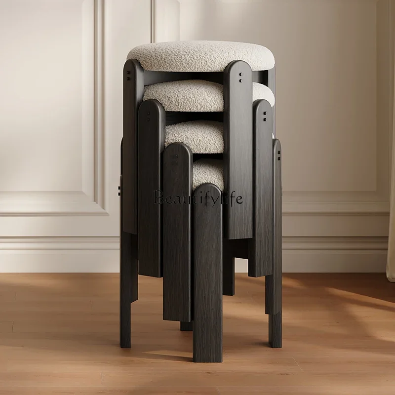 01 حقيبة مستحضرات التجميل الناعمة المصنوعة من الخشب الصلب، مقعد طعام أسود، يمكن تكديس غرفة المعيشة ذات المقعد العالي