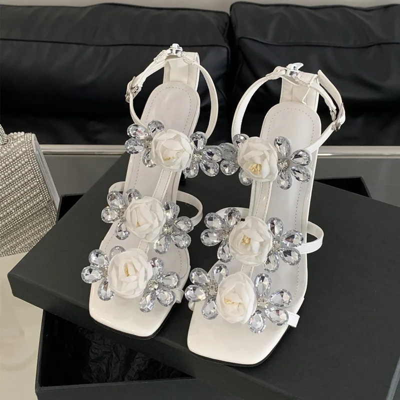 Summer Wedding Shoes Rhinestones Flowers Buckle Strap Women Gladiator Sandals Sexy Narrow band Mary Janes Thin High Heels