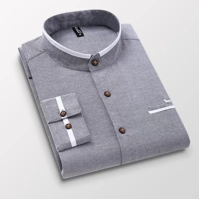 New Spring Casual Business Men Blouse Harmont Solid Mandarin Collar Long Sleeve Embroidery Men\'s Blouses Blaine Shirts