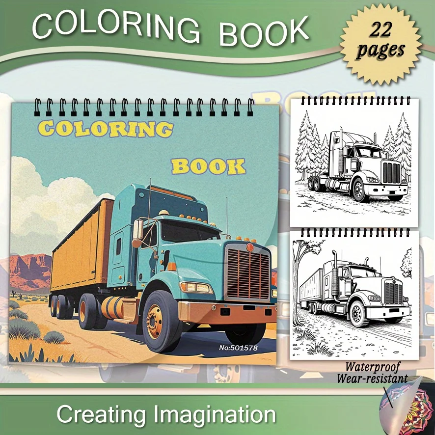 

Truck Coloring Book - 8.27 x 8.27 inches, 22 pages. An easy holiday gift or a back-to-school present for car enthusiasts.