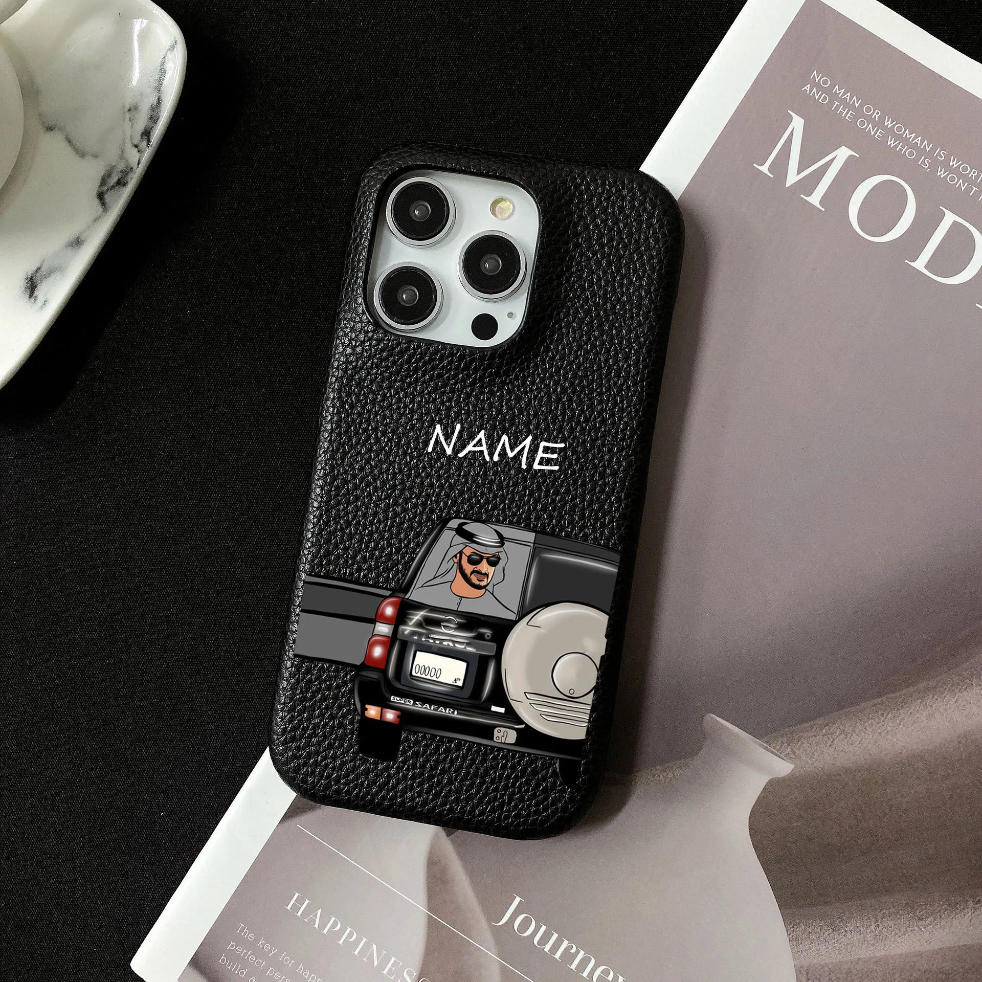 Dubai Illustration Pebble Grain Leather Case for iphone 11 12 14 13 15 16 17 Pro Max XS Max XR 16 Plus Covers Moon & Stars