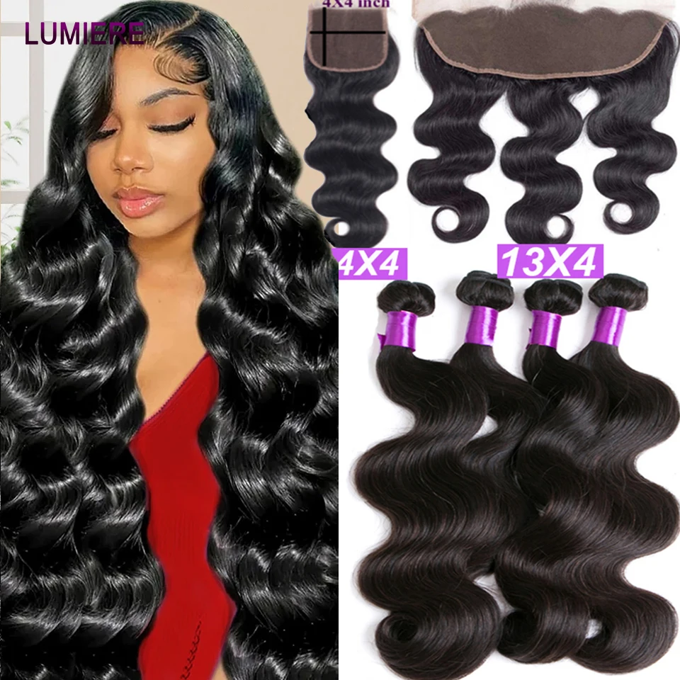 Body Wave Human Hair Bundles with 13x4 HD Transparent Lace Frontal Closure And Bundle 100% Virgin Hair Weave 3/4 Bundle Deal