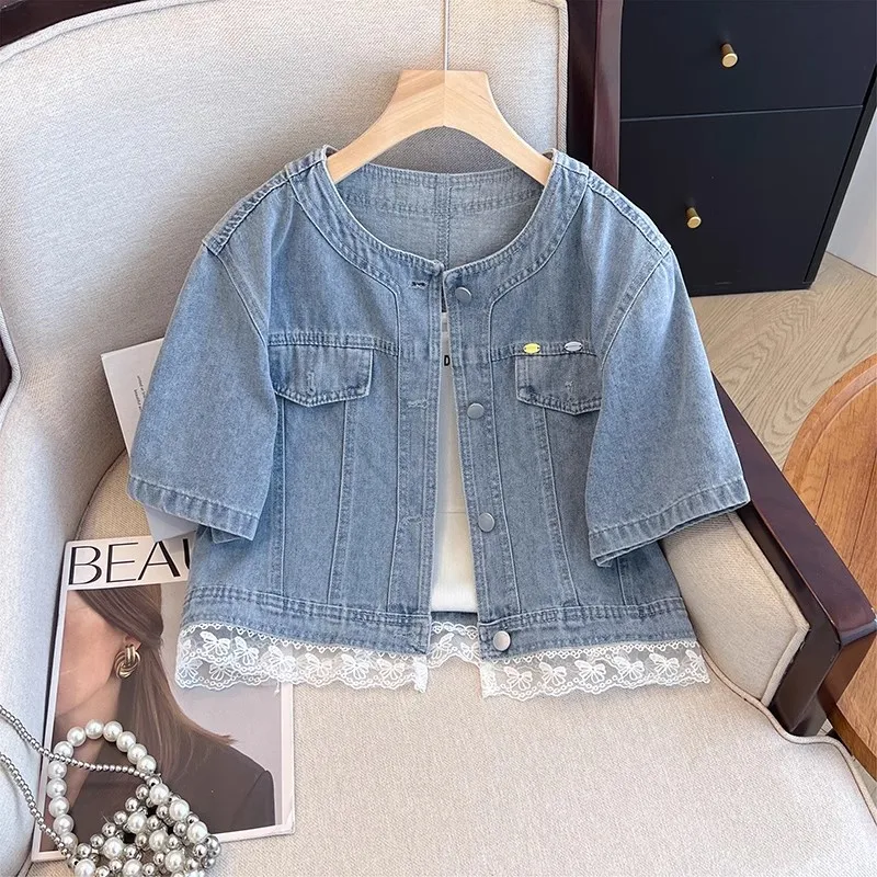 

2025 Summer New Fashion Stand-Up Collar Short Sleeve Denim Jacket Women Casual Short Loose Jeans Jacket Thin Cowboy Outerwear