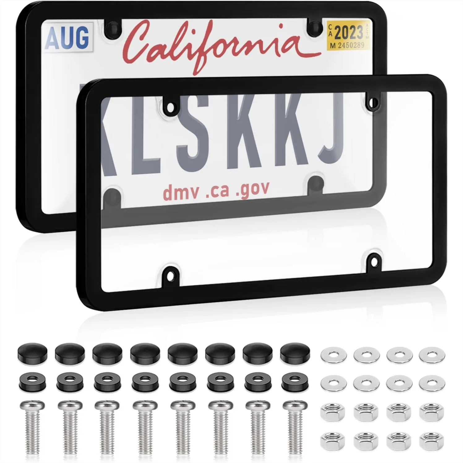 

2 Pack Clear License Plate Covers with UV Protection, Unbreakable Plastic Shields for Standard US Plates with Screws and Caps