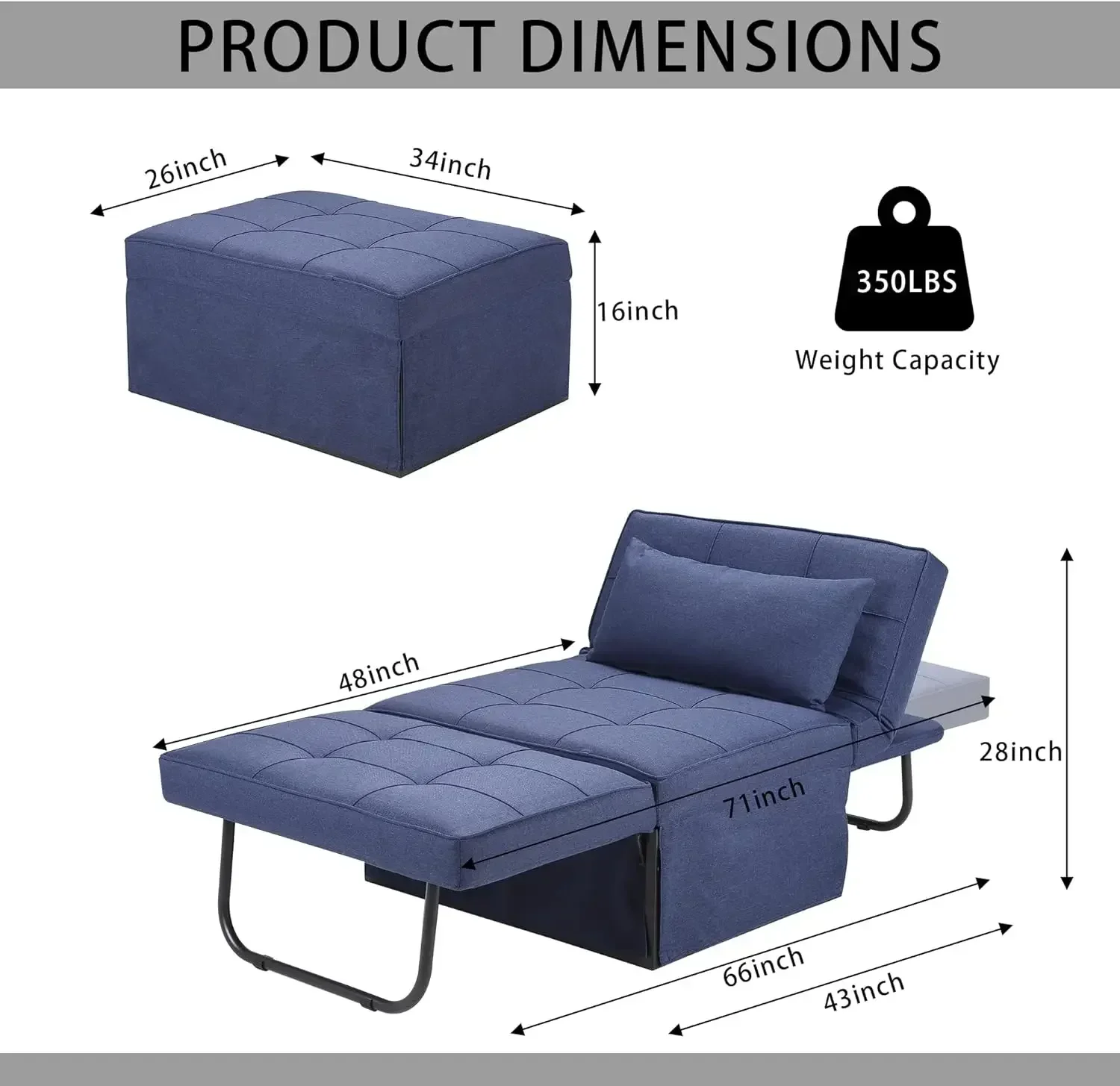 Multi-Function Folding Sofa Bed, Breathable Linen Couch  Adjustable Backrest, Modern Convertible Chair, 4 in 1