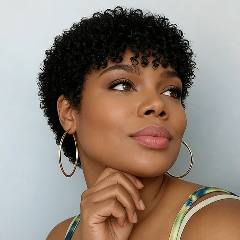 Afro Curly Wave Human Wig Short Pixie Cut Wig Fluffy Jerry Curly Wigs for Women Human Hair Wig Machine-Made 180% Density