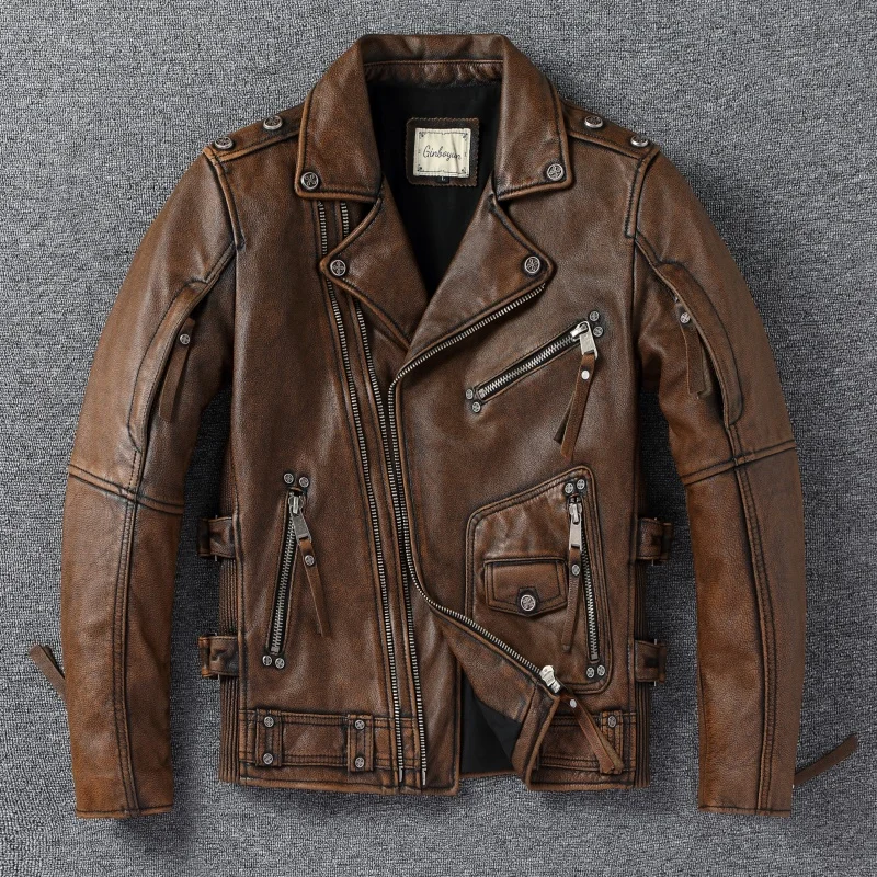

2025 Yellow Winter Leather Jacket Men Vintage Style Plus Size 6XL Genuine Natural Cowhide Turn-Down Collar Diagonal Zipper Coat