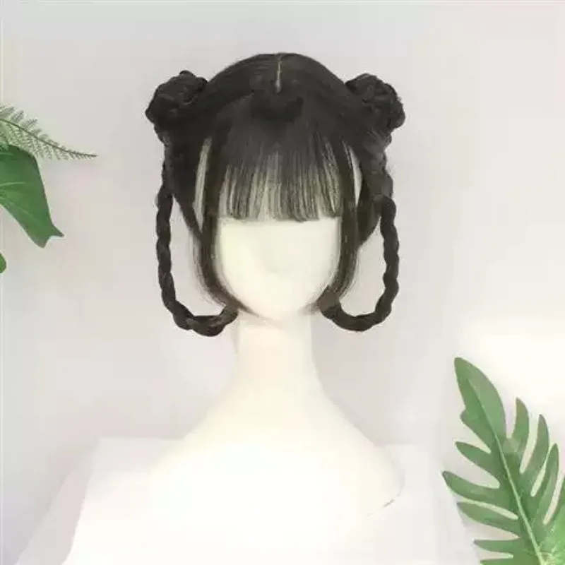 Women Black Hanfu Ancient Chinese Wig, Full Head Princess Wig with Double Buns and Bangs, Cute Costume Wig for Cosplay