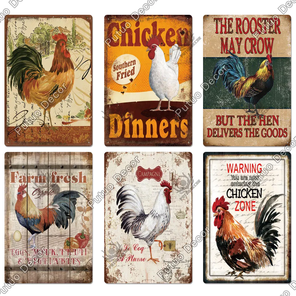Putuo装飾鶏のブリキの看板、ビンテージメタルサインプラーク、農家の壁の装飾、ロオスターレトロサイン