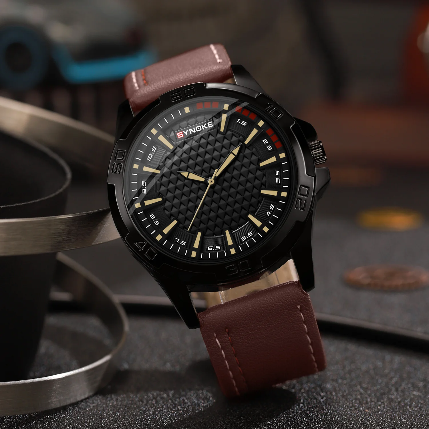 남성용 시계, 합금 케이스, 가죽 스트랩, SYNOKE 6177