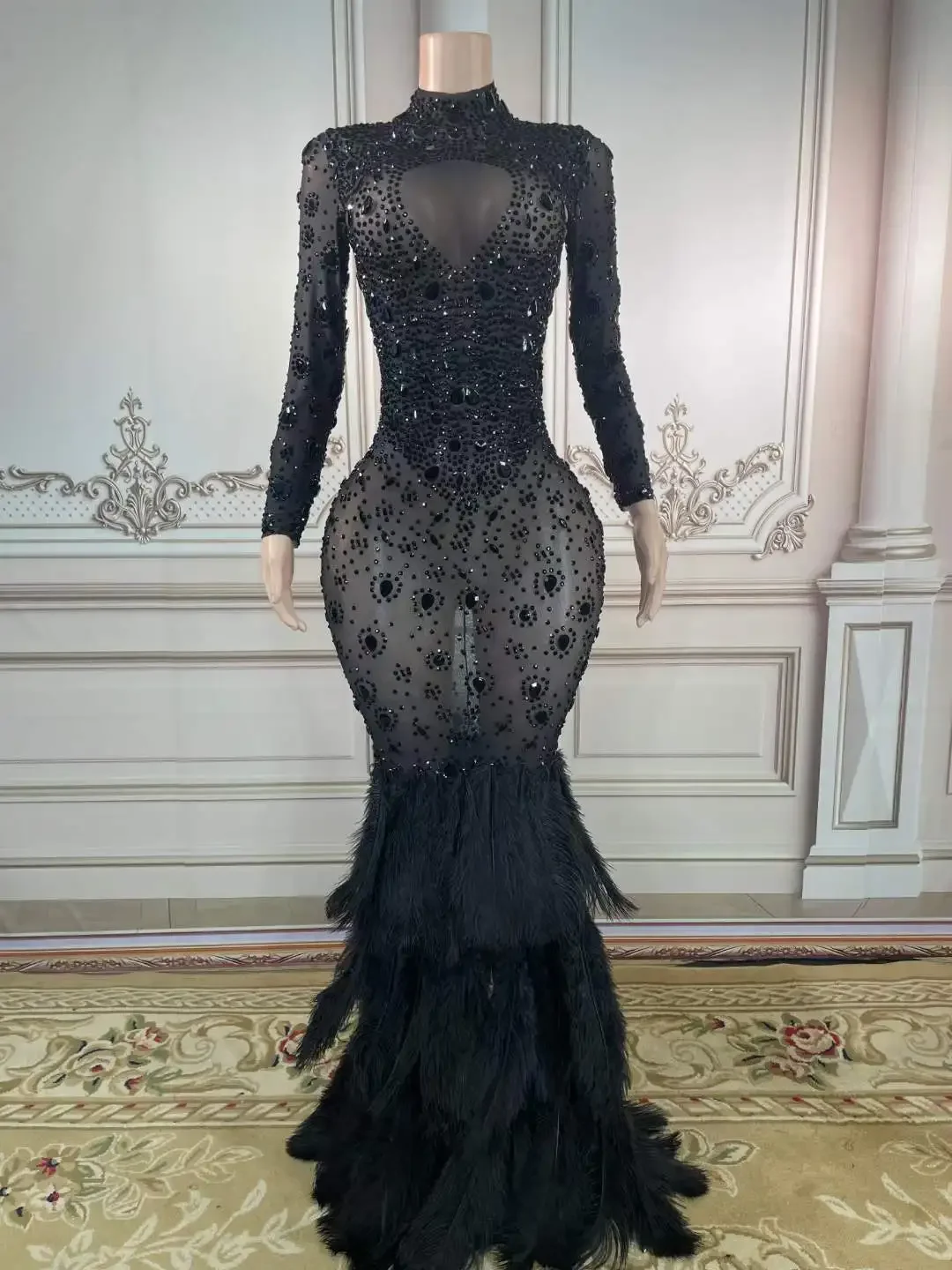 

Women Elegant Rhinestone Feather Spandex Dress Drag Queen Outfit Red Prom Dressy Evening Night Club Stage Wear