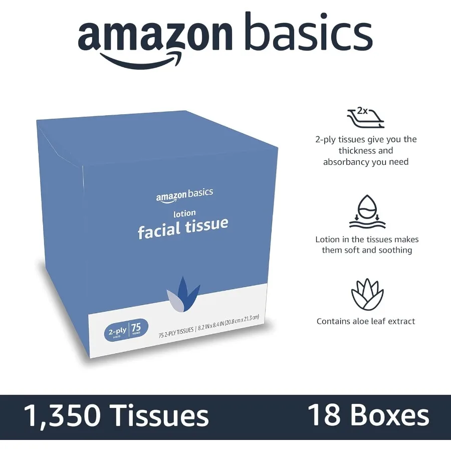 Lenços faciais macios de 2 camadas com loção hidratante para uso diário, ideais para escritório doméstico e viagens 1350 contagens em 18 pacotes de 75 C