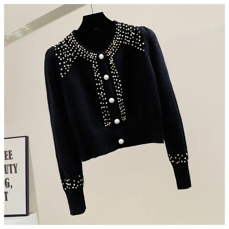 Cardigan à perles de diamants à col rond pour femmes, pull femme, vêtements assortis, doux, automne, hiver, nouveau, mode, 2023