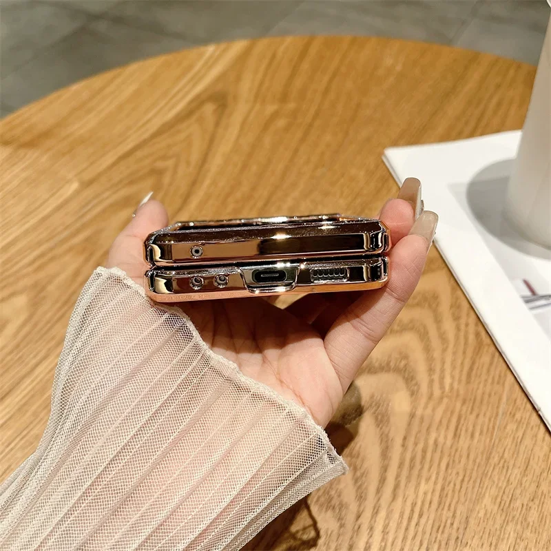 Phone Case For Samsung Galaxy Z Flip 3 4 5 6 5G Glitter Trim With Ring Electroplated Plastic Back Cover