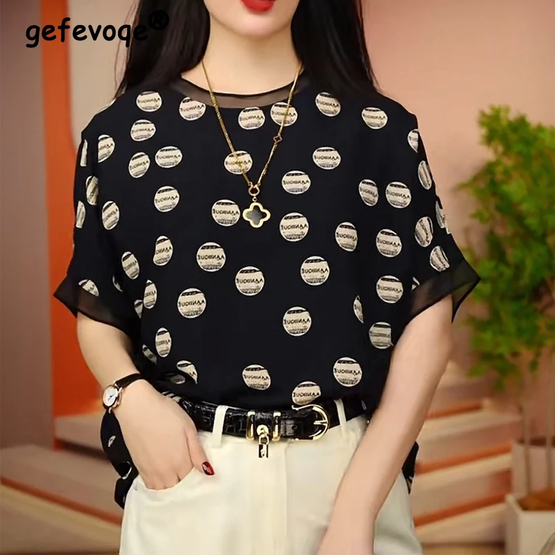 2024 Summer Women Korean Fashion Polka Dot Print Sheer Patchwork Blouse Casual O Neck Short Sleeve Loose Tops Blusas Para Mujer